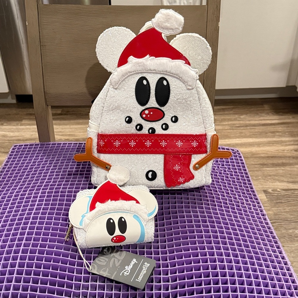 NWT Retired Disney Loungefly Mickey Sequin Snowman Mini Backpack and Wallet